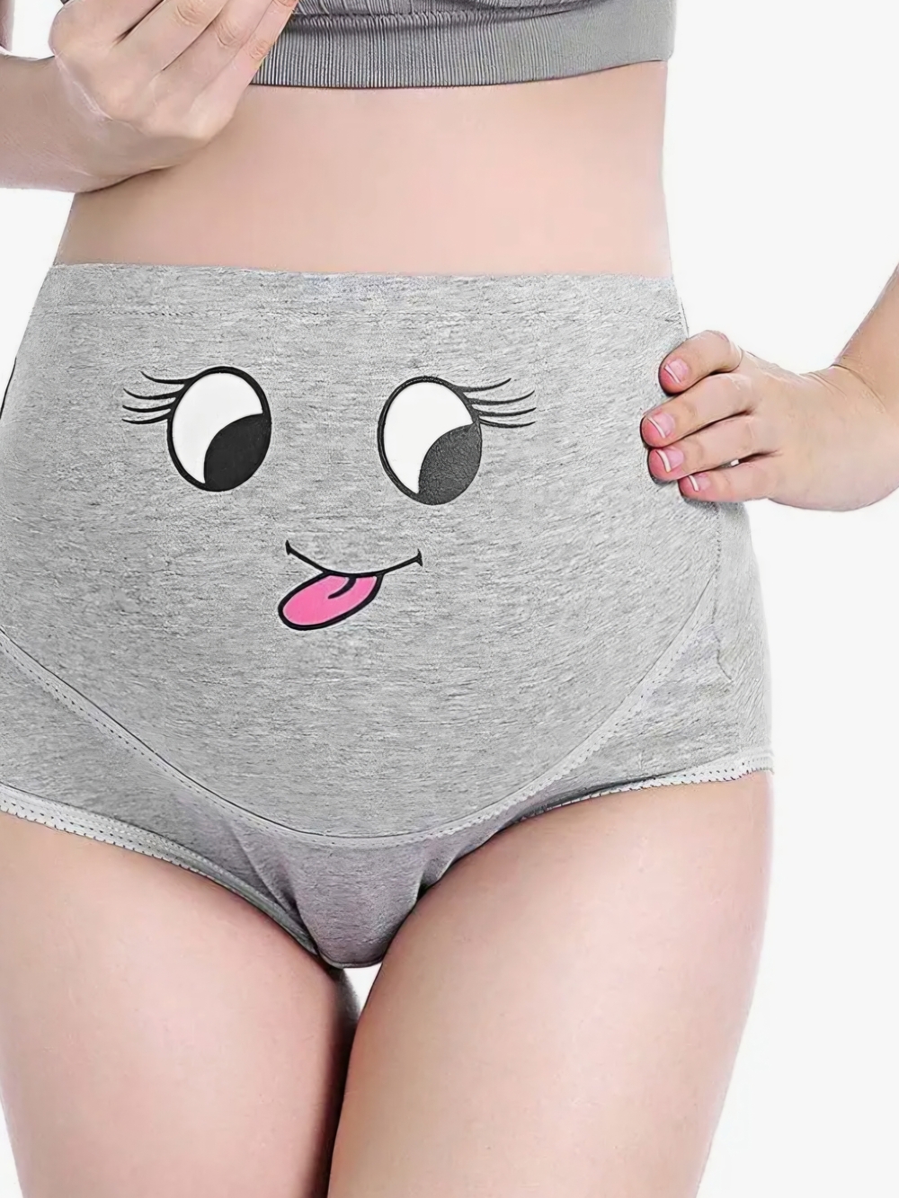 🌴♡Maternity Comfort High-Waist Briefs with Playful Face - Grey